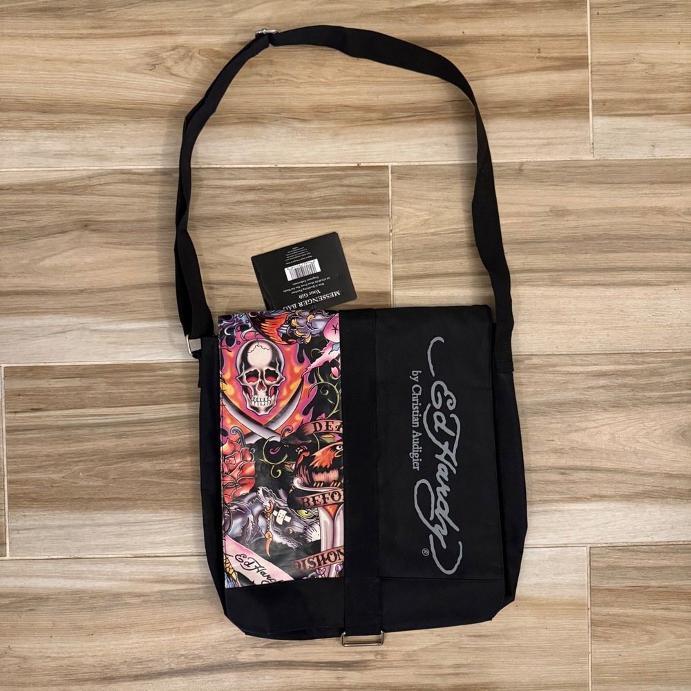 Ed Hardy Christian Audigier Black Messenger Bag Tattoo Skull Graphic NWT Y2K